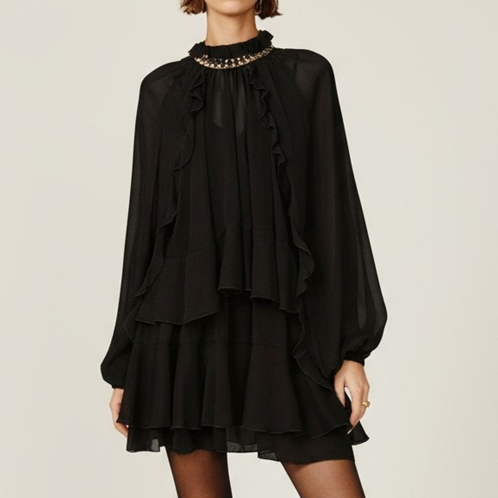 Commense Black Chiffon Ruffle Mini Dress Long Sleeve Cape Overlay – Size L - Picture 4 of 6